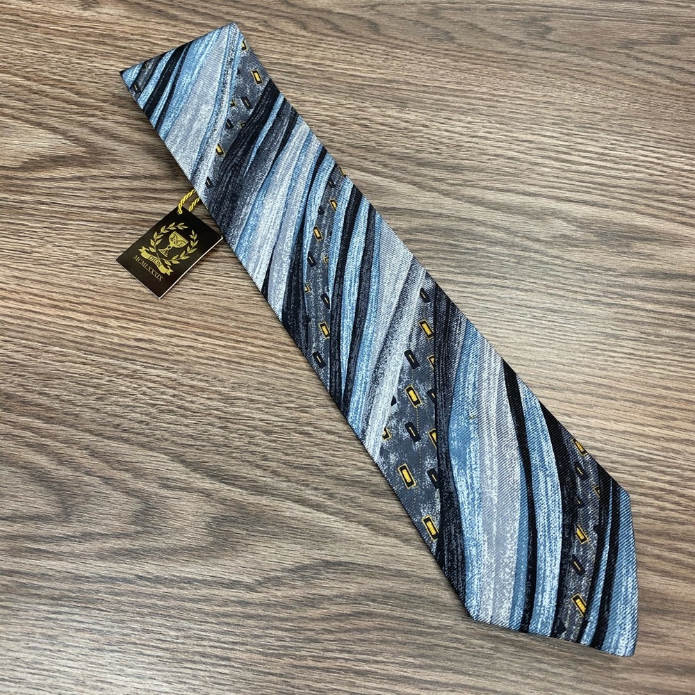 Dion XL NWT Blue, Black & Gold Pattern Silk Tie